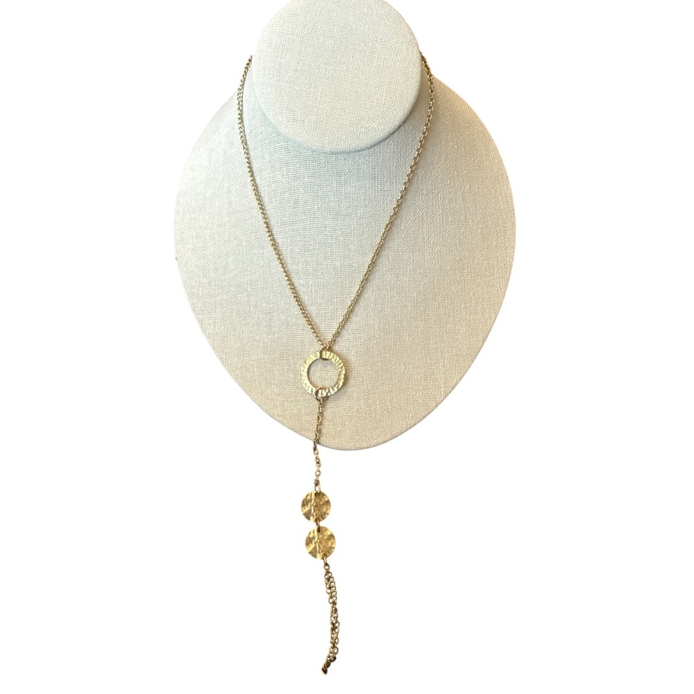 Gold Hammered Circle Lariat Necklace Long Tassel Drop Coin Disc Pendant Jewelry